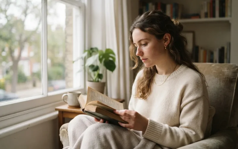 a person reading a book by a window with soft morning light