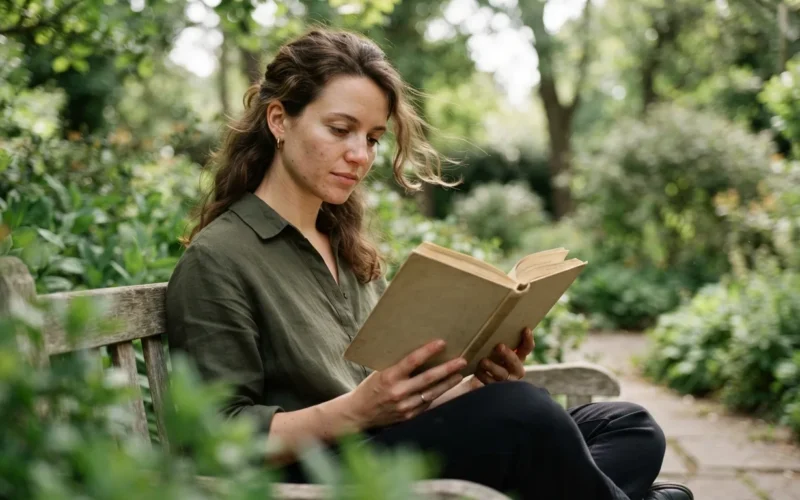 a person reading a book in a peaceful outdoor setting