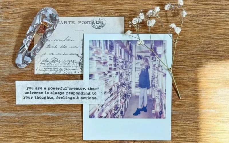 Polaroid photo with motivational quote, vintage postcard, and floral accent on wooden surface.