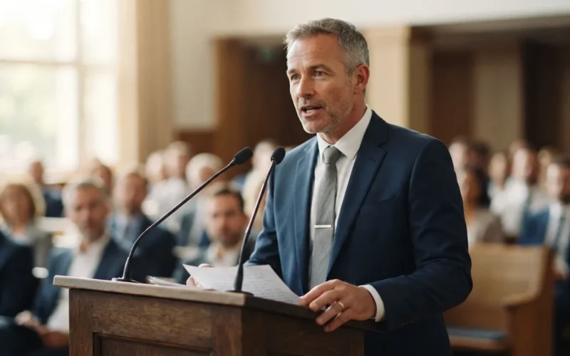 a man in a suit speaking at a podium