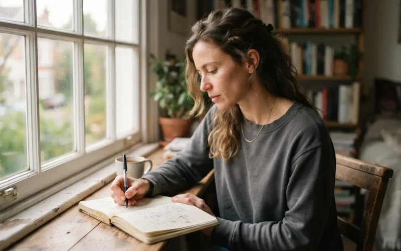 a person reading a book or writing in a notebook by a window