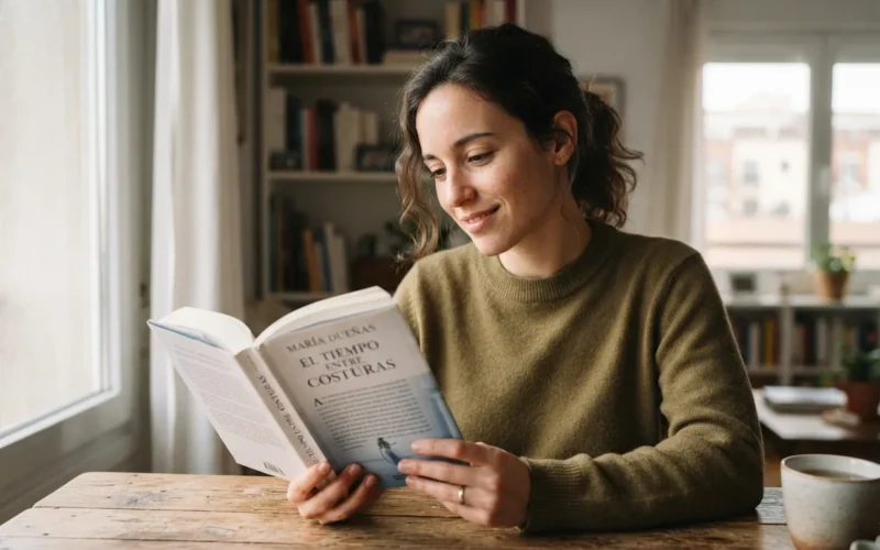 a person reading a book with Spanish text