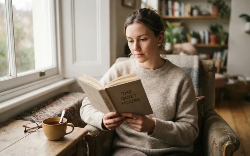 a person reading a book with a cup of tea