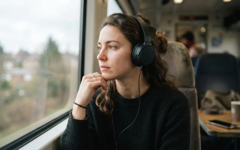 a person listening to music with headphones, looking thoughtful