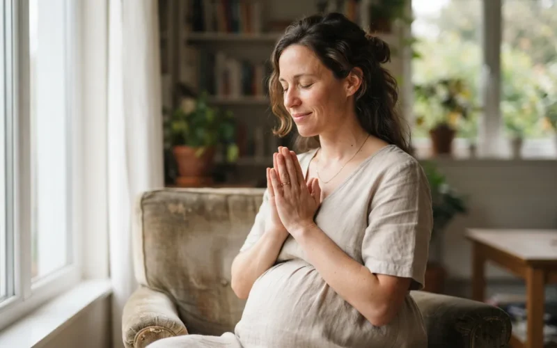 a pregnant woman with hands clasped in prayer