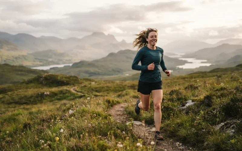 a woman running through a dreamy landscape