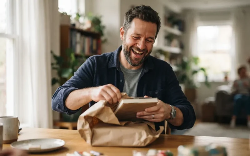 a man laughing while opening a birthday gift