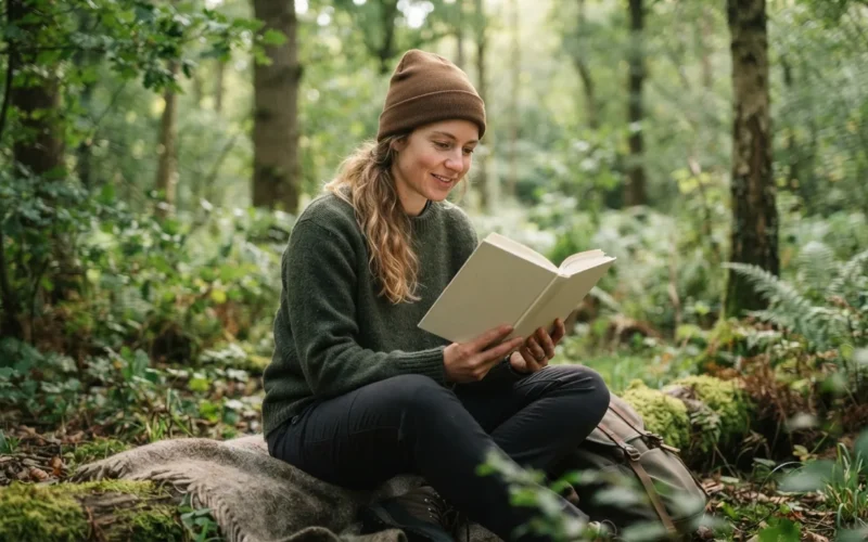 a person reading a book in a cozy forest