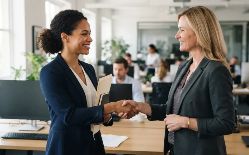 a woman receiving a handshake from her manager in an office