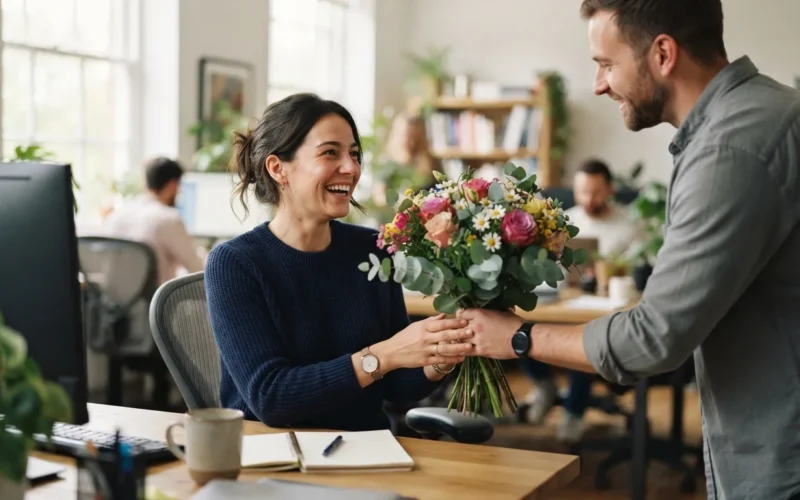 a woman receiving flowers from a colleague at an office desk