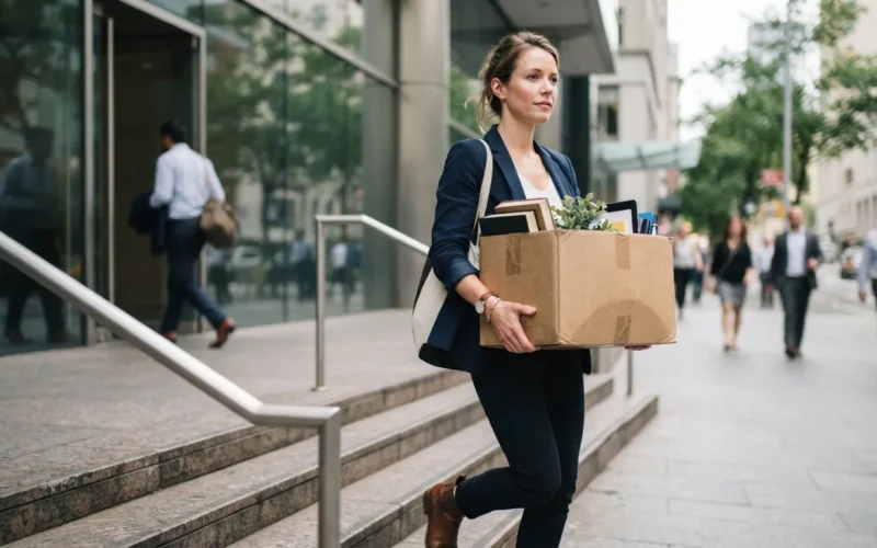 a person walking out of an office carrying a cardboard box