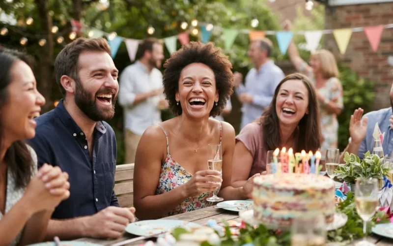 a group of people laughing at a birthday party with a cake and decorations