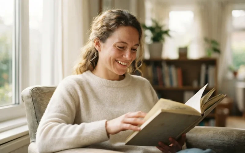 a person smiling while reading a book or journal in a bright room