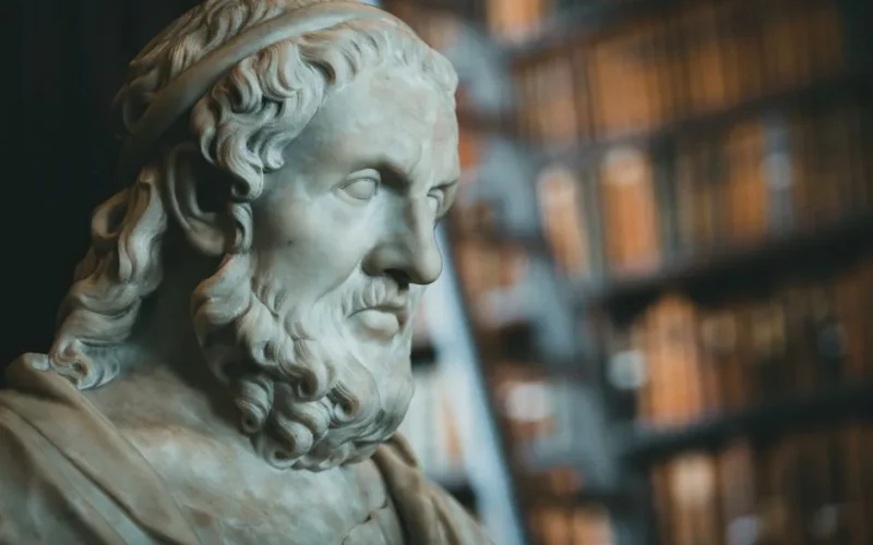 Close-up of a classical marble statue with blurred bookcases in the background.
