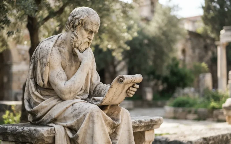 a marble statue of an ancient thinker with a scroll