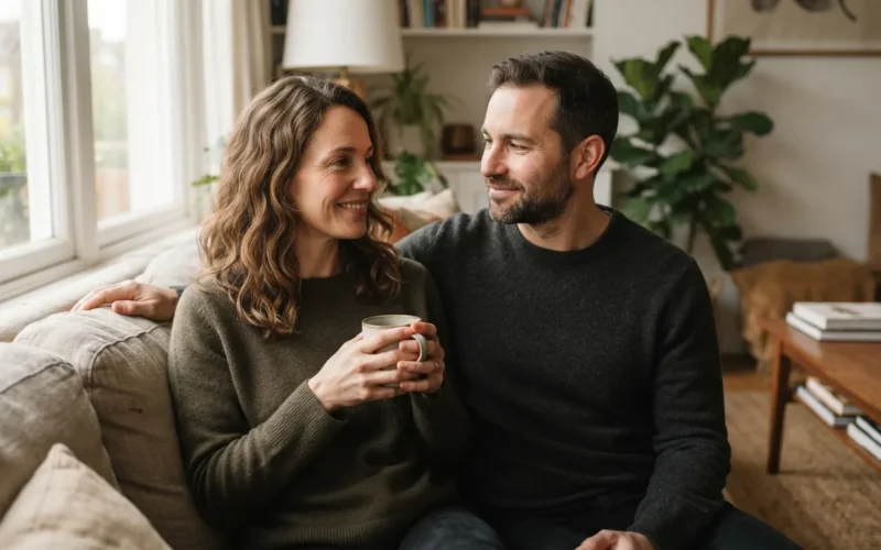 a couple sitting together calmly in a living room