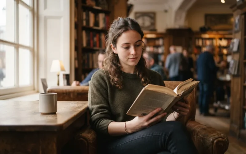 a person reading a book in a cozy library