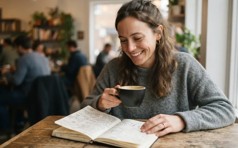 a person smiling while holding a cup of coffee and looking at a journal