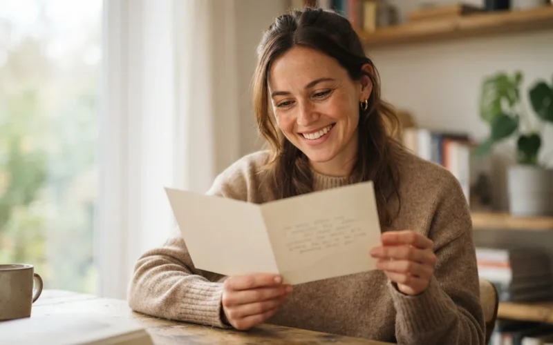 a woman smiling while reading a greeting card