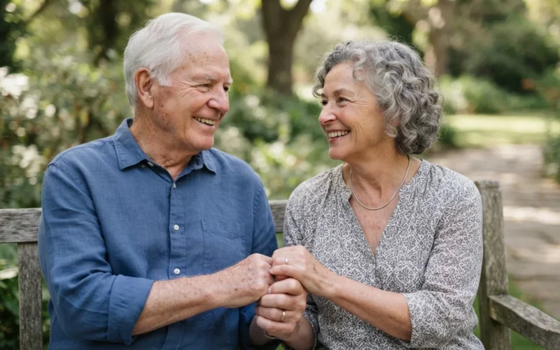 an elderly couple holding hands and smiling