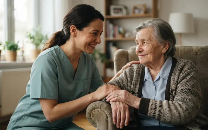 a caregiver comforting an elderly person with a gentle touch
