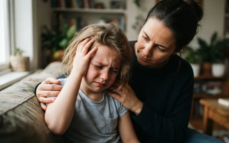 a child holding their head in pain while a parent comforts them