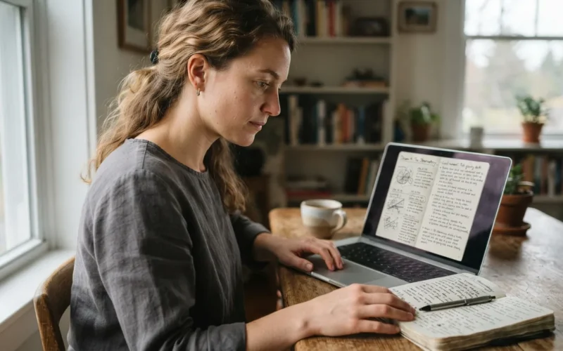 a person reading a dream journal on a laptop