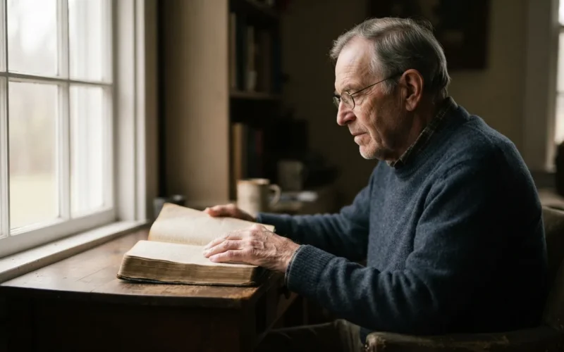 a person reading a Bible in a quiet, contemplative scene