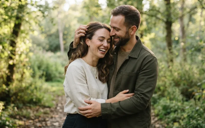 a couple sharing a tender moment in a natural setting