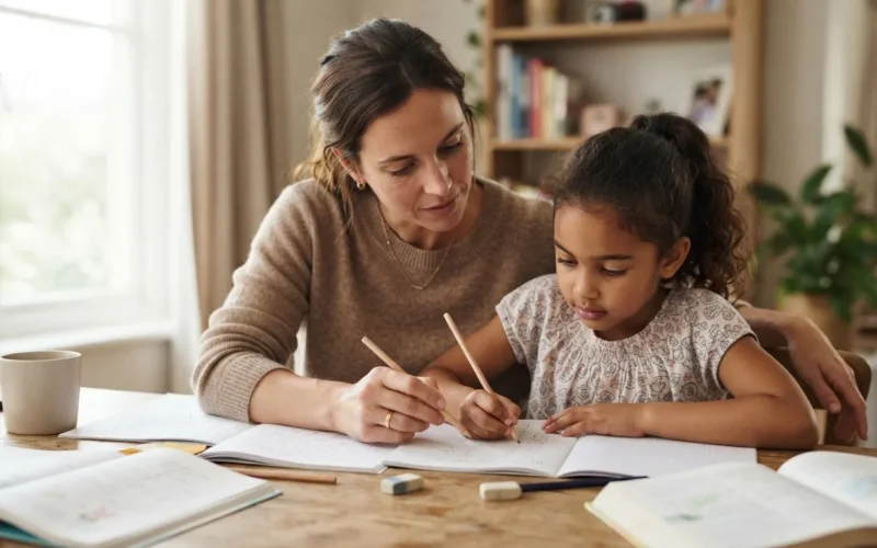 a mother helping a child with schoolwork at a home desk