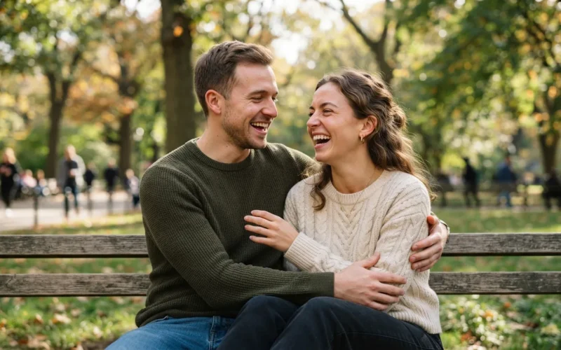 a man and a woman laughing together in a park