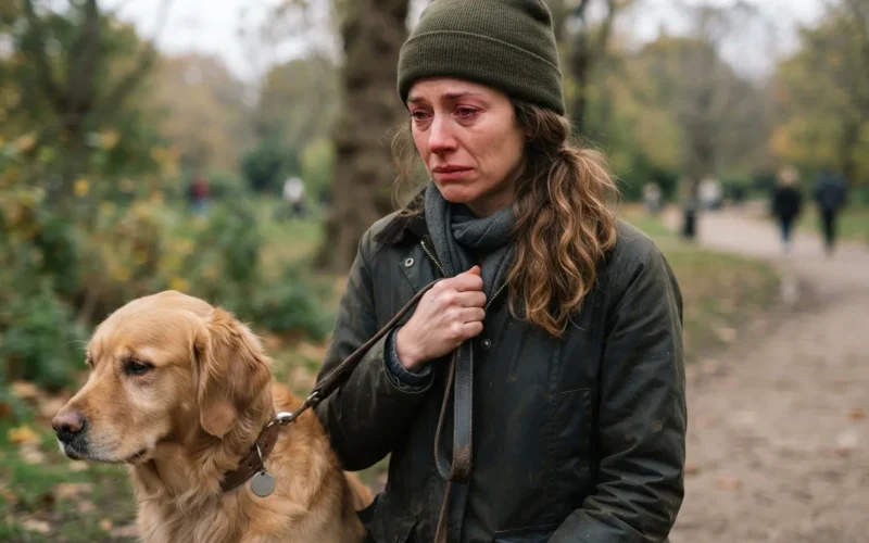 a person holding a dog's collar or leash, looking sad