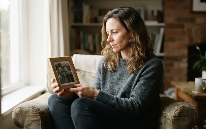 a person sitting alone, looking at a framed photograph