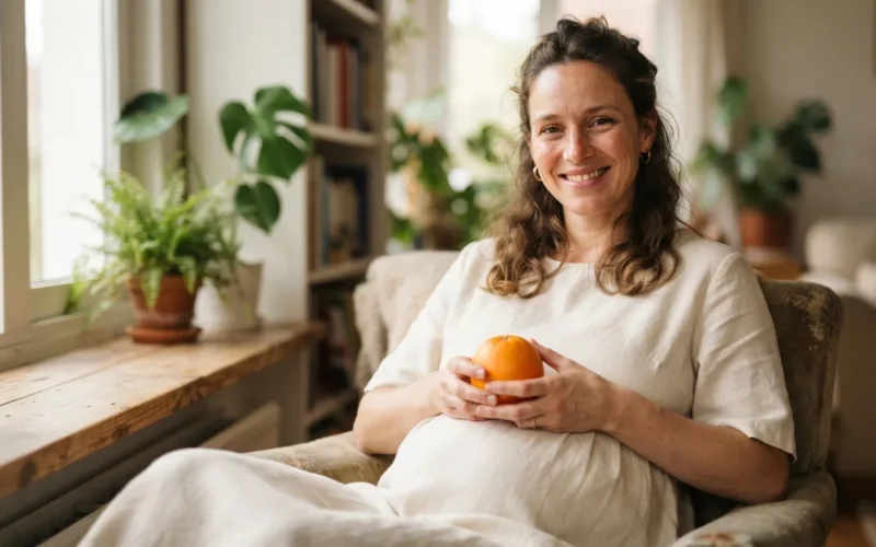 a pregnant woman holding an orange