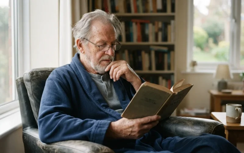 an elderly man in a robe reading a book
