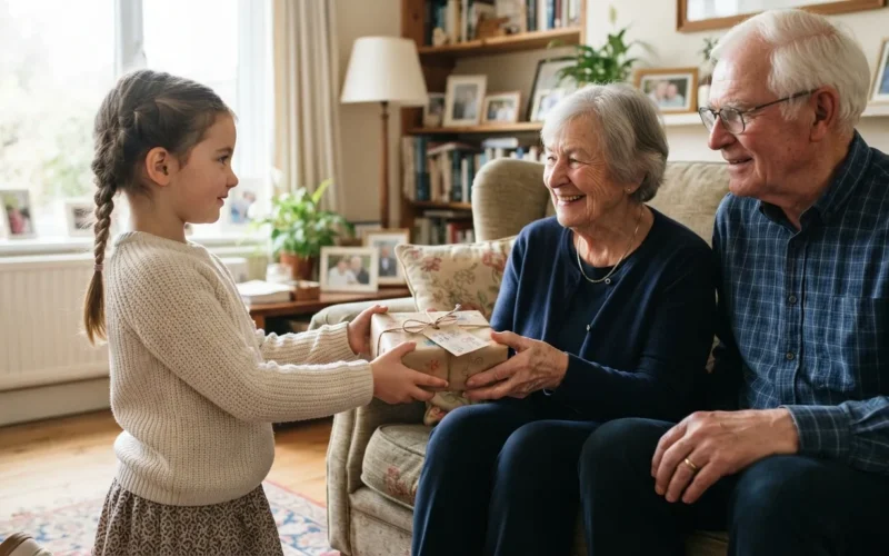 a child handing a handmade gift to an elderly couple
