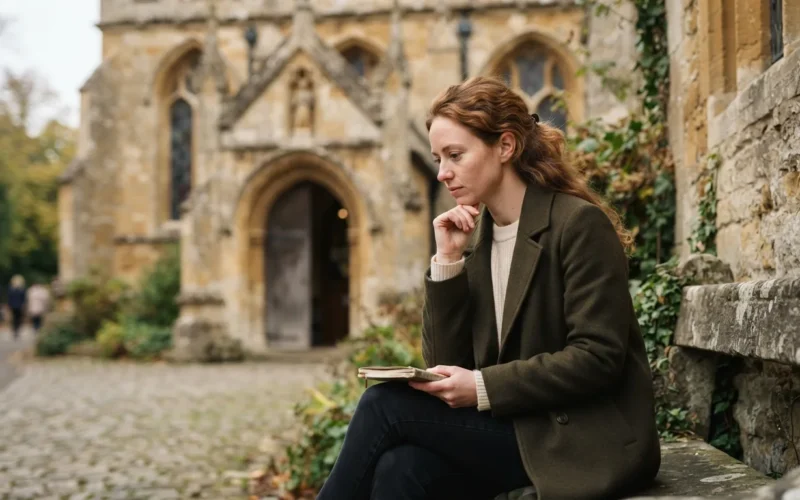 a person in a thoughtful pose near a church