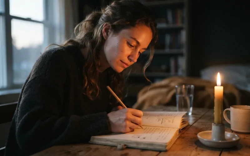 a person writing in a dream journal by candlelight