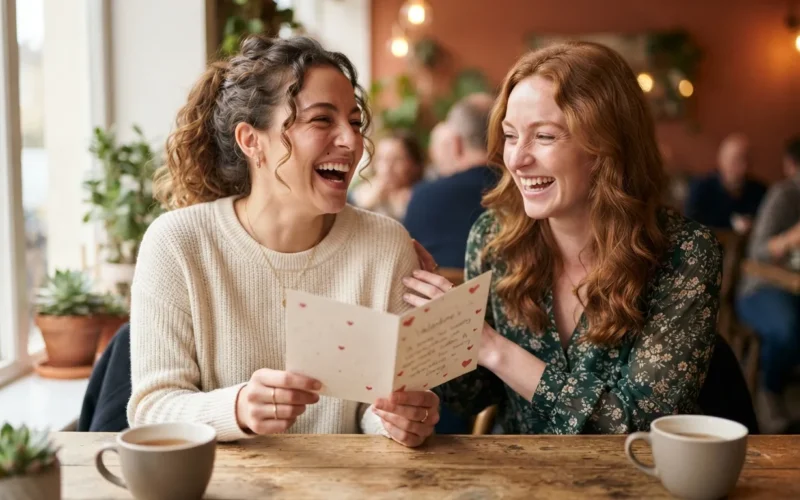 two women laughing together over a Valentine's card