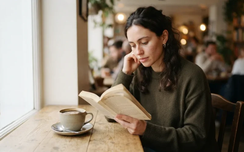 a person reading a book with a cup of coffee