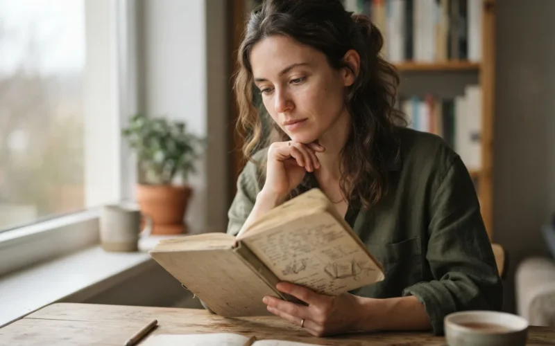 a woman looking thoughtfully at a dream journal