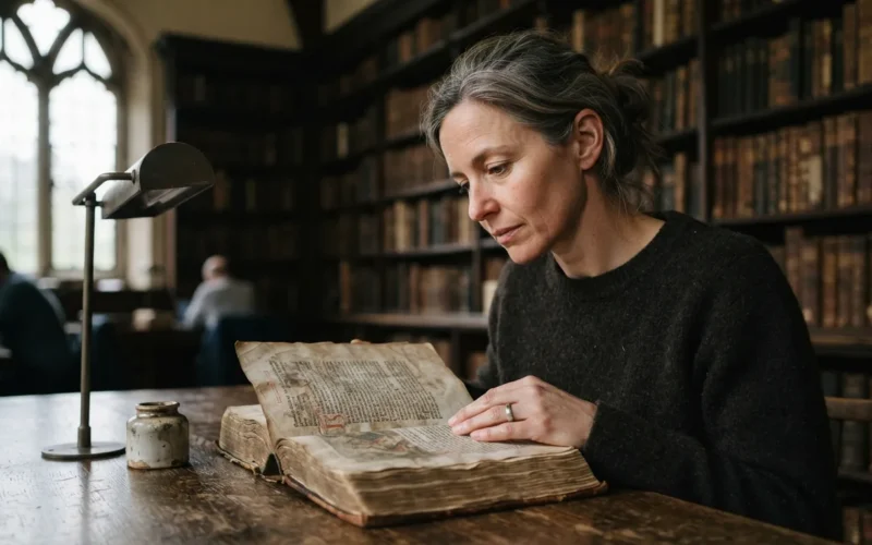 a person reading an ancient book in a library