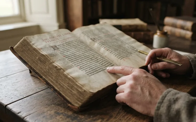 an open antique book with Latin text on a wooden table
