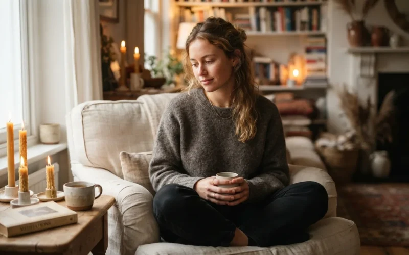 a person sitting in a cozy room with candles and soft lighting