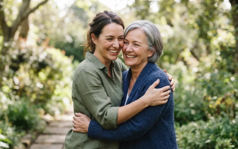 an adult child and a parent hugging and smiling together