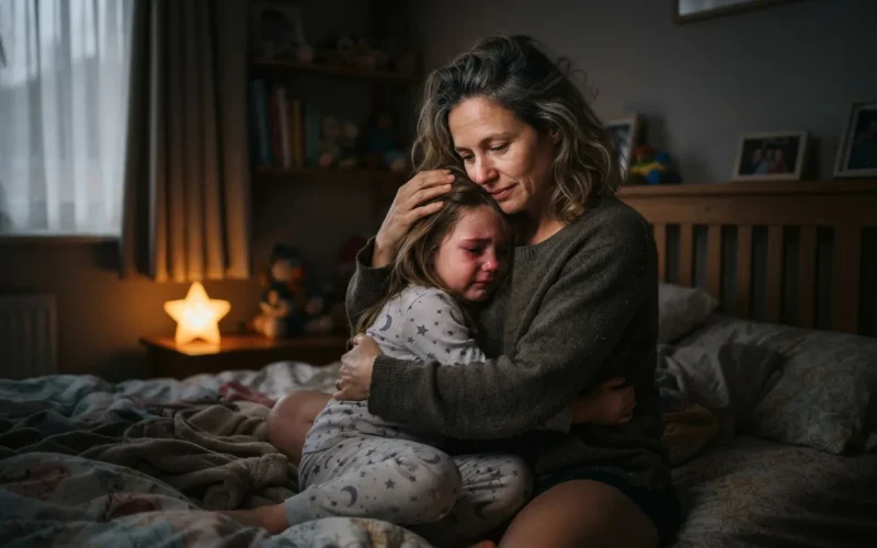 a parent comforting a child in a dimly lit bedroom with a night light