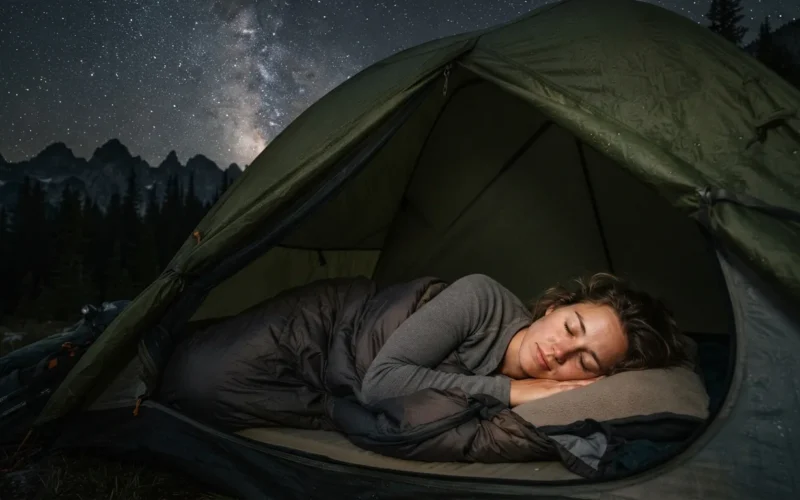 a backpacker sleeping in a tent under the stars