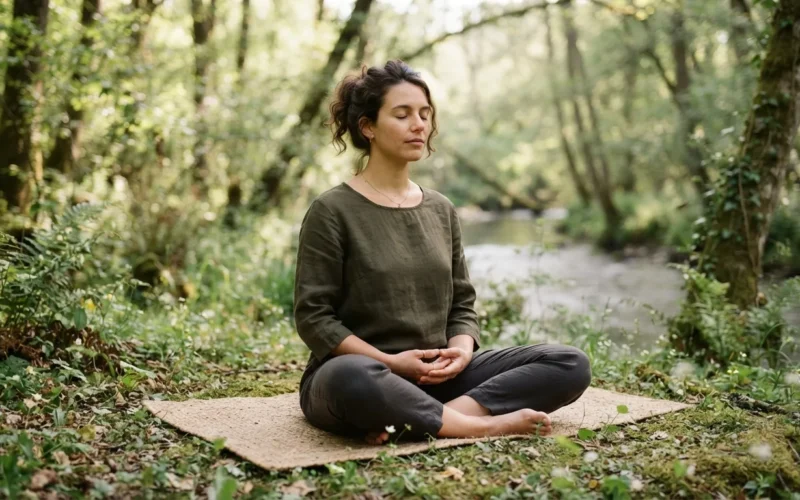 a person meditating in a peaceful natural setting
