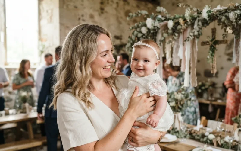 a parent and child at a baptism celebration with handmade decorations