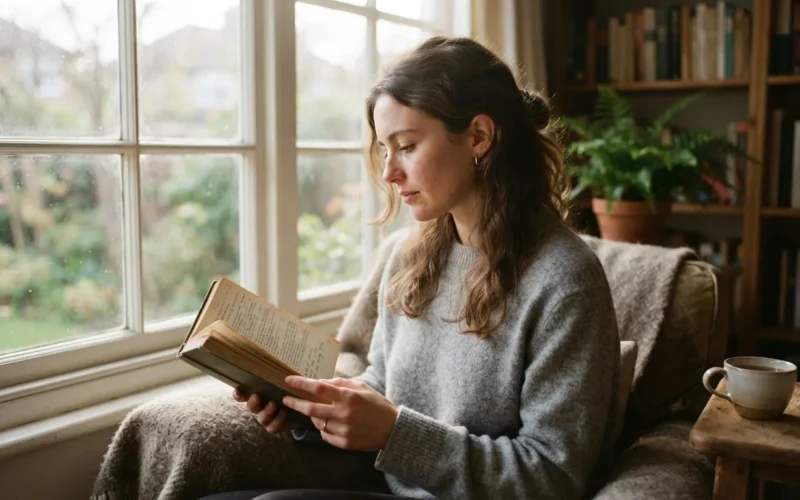 a person reading a book or writing in a journal by a window with soft morning light